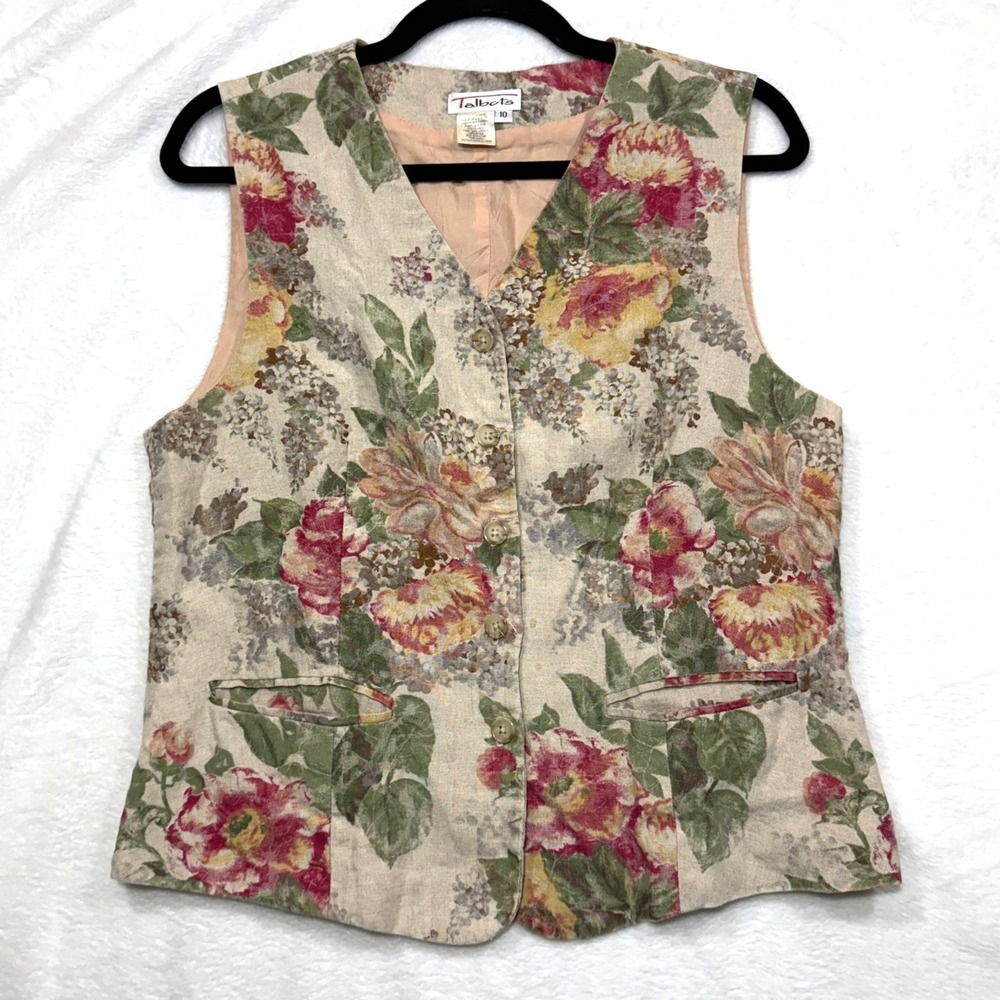 VTG Talbots 10 Vest Floral Linen Tapestry Buttoned USA Boho Granny Cottagecore